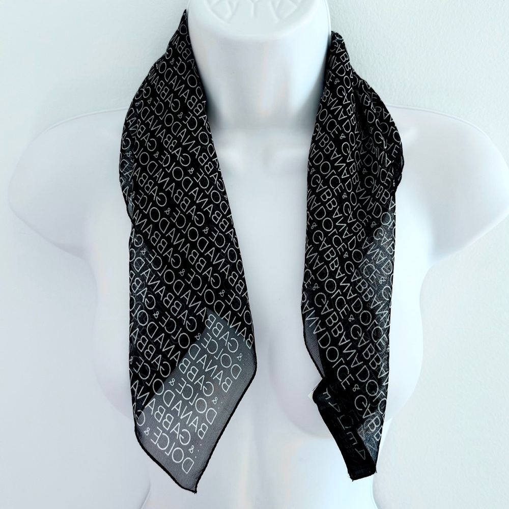 Dolce & Gabbana Black Cream Logo Print 100% Silk Foulard Vintage Scarf